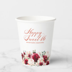 Sweet 16 Birthday Party Red Rose Pink Peony Custom Paper Cups