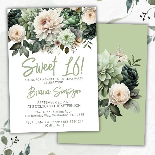 Sweet 16 Birthday Party Sage Green Floral Invitation (Creator Uploaded)