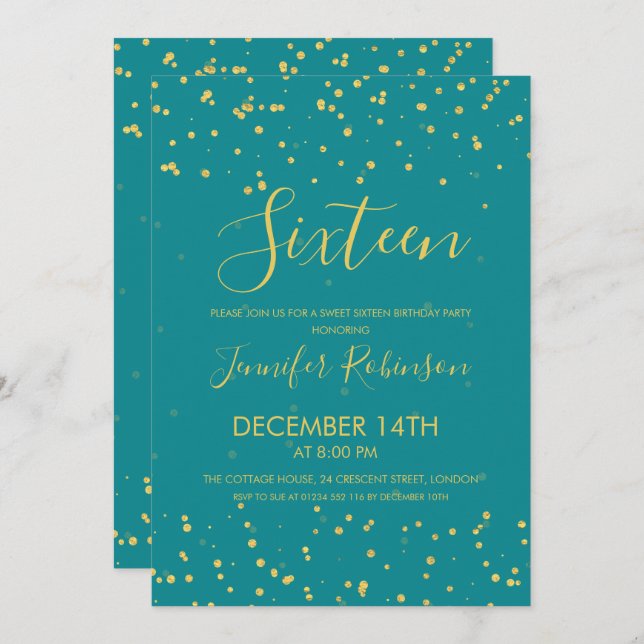 Sweet 16 Birthday Party Teal Gold Foil Dots Invitation (Front/Back)