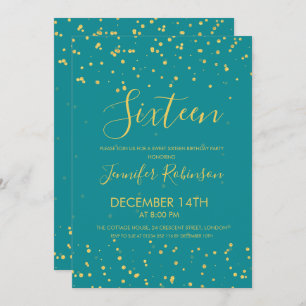 Sweet 16 Birthday Party Teal Gold Foil Dots Invitation