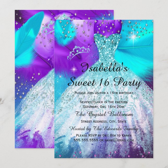 Sweet 16 Birthday Party Teal Purple Balloons Invitation (Front/Back)