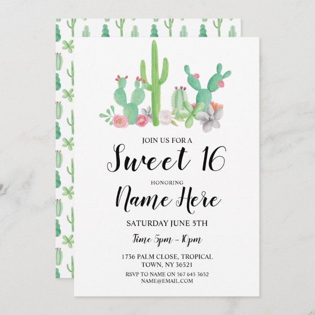 Sweet 16 Birthday Party Watercolor Cactus Cacti Invitation (Front/Back)