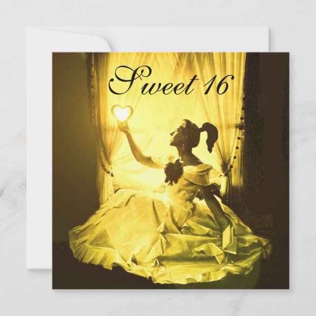 SWEET 16 BIRTHDAY PARTY,YELLOW BLACK WHITE DAMASK INVITATION (Front)
