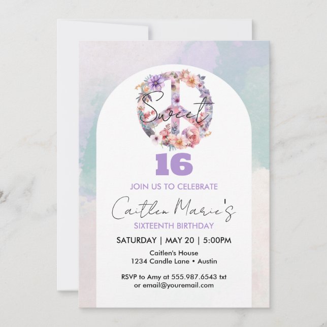 Sweet 16 Birthday Peace Sign Blush Pink Invite (Front)