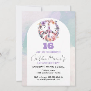 Sweet 16 Birthday Peace Sign Blush Pink Invite