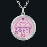 Sweet 16 Birthday Personalised Pink Princess Tiara Silver Plated Necklace<br><div class="desc">Cute sweet sixteen necklace birthday gift to give out as party favours at the end of your big teenage bash. Personalise by writing your name in pretty purple script inside of the pink tiara. A pretty sweet 16 design.</div>