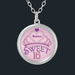 Sweet 16 Birthday Personalised Pink Princess Tiara Silver Plated Necklace<br><div class="desc">Cute sweet sixteen necklace birthday gift to give out as party favours at the end of your big teenage bash. Personalise by writing your name in pretty purple script inside of the pink tiara. A pretty sweet 16 design.</div>