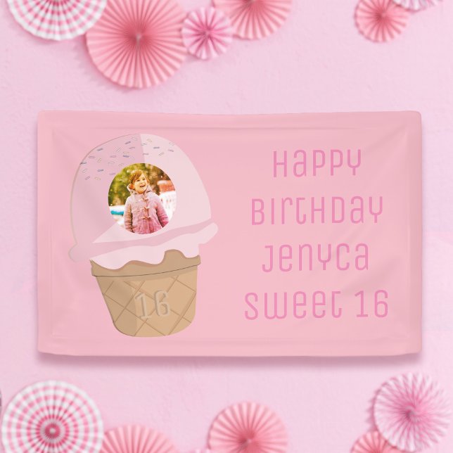 Sweet 16 Birthday Photo Pink Ice Cream Party Banner (Happy Birthday to your 16 year old. Doesn't time fly! Just add their photo, name and age to this)