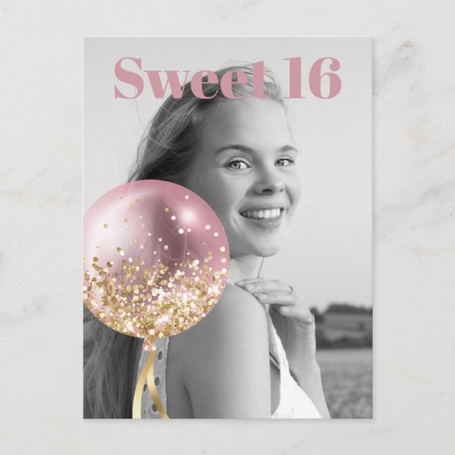 *~* Sweet 16 Birthday Photo Rose Balloon AP29 Invitation Postcard (Front)