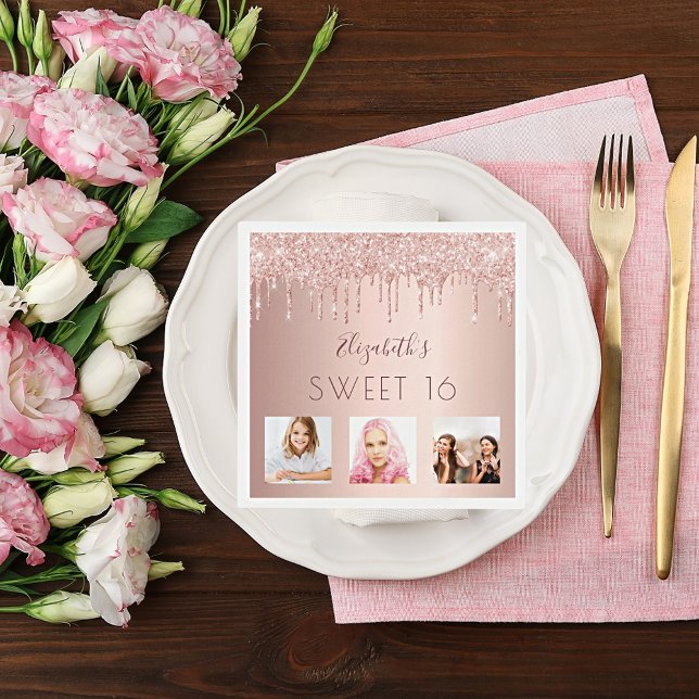 Sweet 16 birthday photo rose gold pink drips napkin (Creator Uploaded)