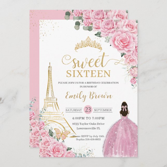 Sweet 16 Birthday Pink Floral Paris Eiffel Gold Invitation (Front/Back)