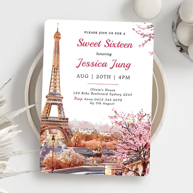 Sweet 16 Birthday Pink Floral Paris Eiffel Tower  Invitation (Creator Uploaded)