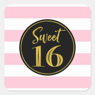 Sweet 16 Birthday Pink Gold Black White Square Sticker