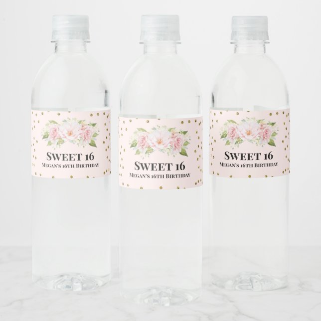 Sweet 16 Birthday Pink Gold Flowers Water Bottle Label (Bottles)