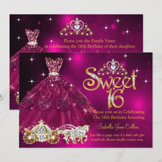 Sweet 16 Birthday plum Pink Dress Tiara Carriage Invitation (Front/Back)