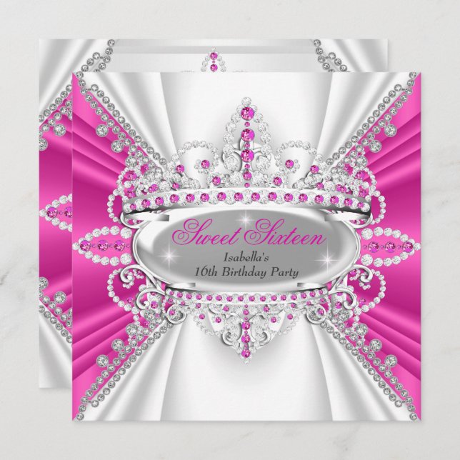 Sweet 16 Birthday Princess Hot Pink Diamonds Tiara Invitation (Front/Back)