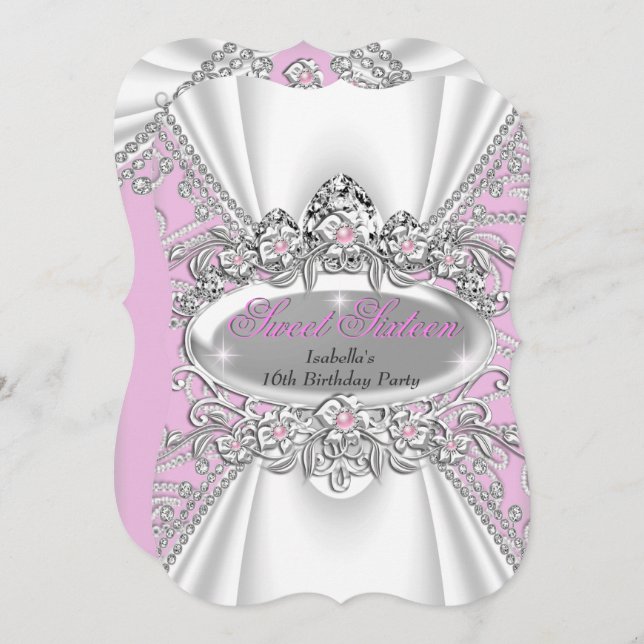 Sweet 16 Birthday Princess Pink Diamonds Tiara 3 Invitation (Front/Back)