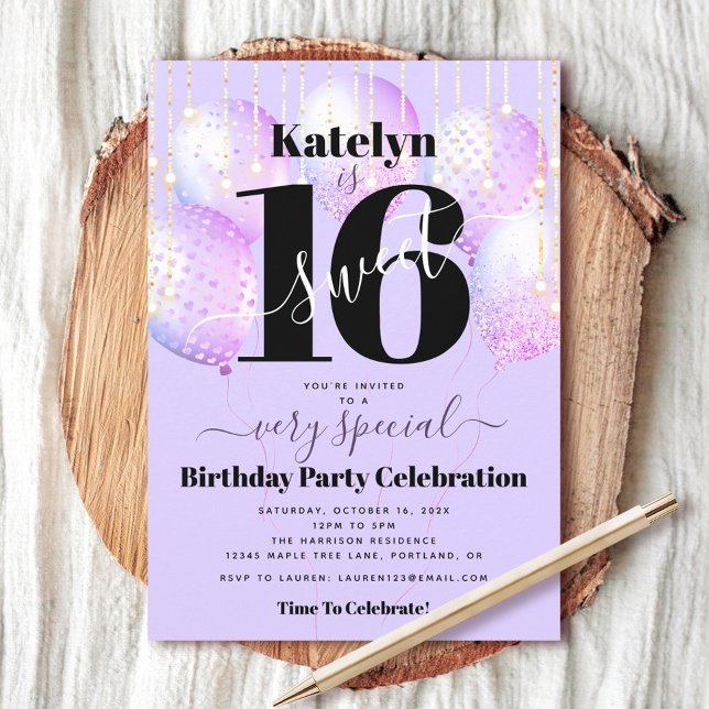 Sweet 16 Birthday Purple Balloons Bold Modern Fun Invitation (Creator Uploaded)