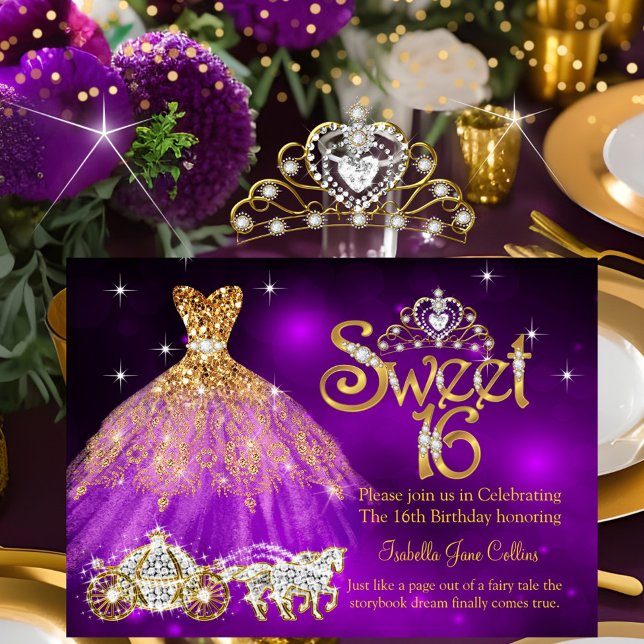 Sweet 16 Birthday Purple Dress Tiara Carriage Invitation (Creator Uploaded)