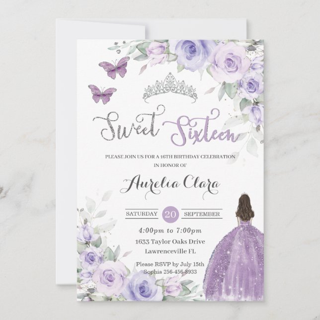 Sweet 16 Birthday Purple Floral Dress Princess Invitation (Front)