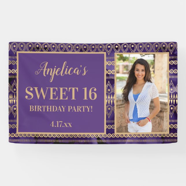 Sweet 16 Birthday Purple Gold Boho Photo Banner (Horizontal)