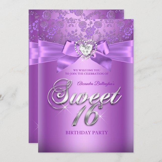 Sweet 16 Birthday Purple Lilac Diamond Heart Invitation (Front/Back)