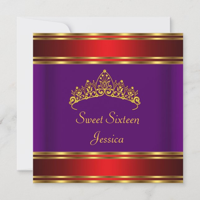 Sweet 16 Birthday purple Red Gold  Tiara Invitation (Front)