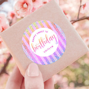 Sweet 16 birthday rainbow ombre glitter script classic round sticker