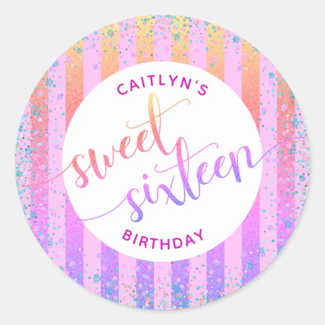 Sweet 16 birthday rainbow ombre glitter script classic round sticker (Front)