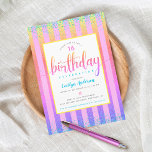 Sweet 16 birthday rainbow ombre glitter script invitation<br><div class="desc">“Happy 16th birthday”. Send out this stunning, modern, tiny sparkly turquoise blue faux glitter confetti dots and pink yellow orange ombre typography script against a light pink and rainbow ombre glitter striped background, personalised invitation for an event to remember. Personalise the custom text with the guest of honour’s name, birthday...</div>