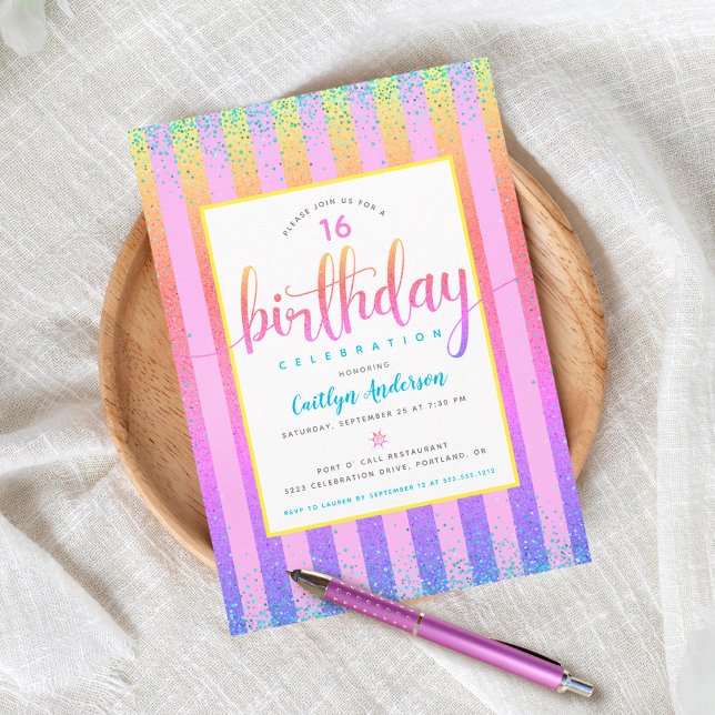 Sweet 16 birthday rainbow ombre glitter script invitation (Creator Uploaded)