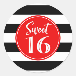 Sweet 16 Birthday Red Black White Stripes Classic Round Sticker