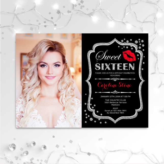 Sweet 16 Birthday Red Kiss Silver Black Photo Invitation (Creator Uploaded)