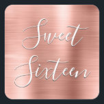Sweet 16 Birthday Rose Gold Blush Metallic Modern Square Sticker<br><div class="desc">Sweet 16 Birthday Party Faux Metallic Modern Stainless Steel Metal Rose Gold Blush Pink Stickers which are perfect for a Rose Gold or Blush Pink Birthday Party. These Stickers are perfect for a Sweet Sixteen Birthday Party. These stickers are a part of a matching wedding collection and additional matching items...</div>