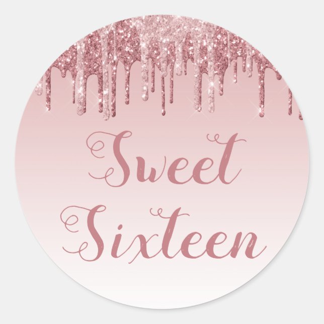 Sweet 16 Birthday Rose Gold Blush Pink Glitter Classic Round Sticker (Front)