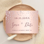 Sweet 16 birthday rose gold diamonds save the date<br><div class="desc">A feminine and glamourous Save the Date card for a Sweet 16, 16th birthday party. A feminine pink, rose gold faux metallic looking background decorated with faux rose gold diamond sprinkle. Templates for a date and your text. Dark rose gold coloured letters. The text: Save the Date is written with...</div>