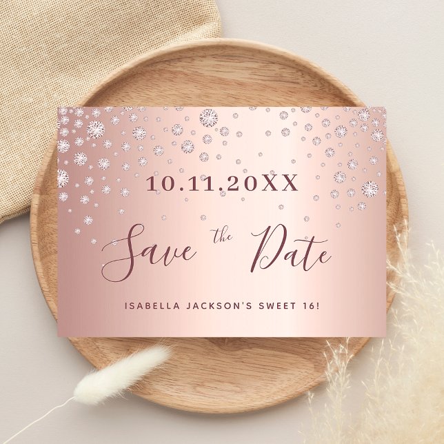 Sweet 16 birthday rose gold diamonds save the date (Creator Uploaded)