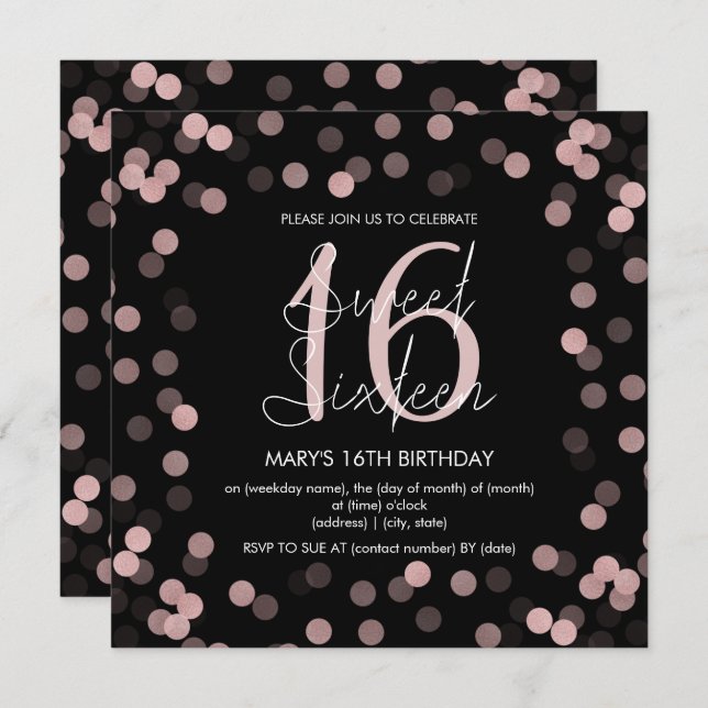 Sweet 16 Birthday Rose Gold Glam Glitter Black  Invitation (Front/Back)