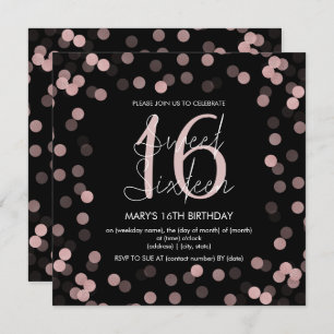 Sweet 16 Birthday Rose Gold Glam Glitter Black  Invitation
