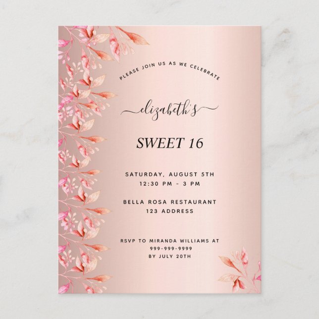 Sweet 16 birthday rose gold pink floral invitation postcard (Front)