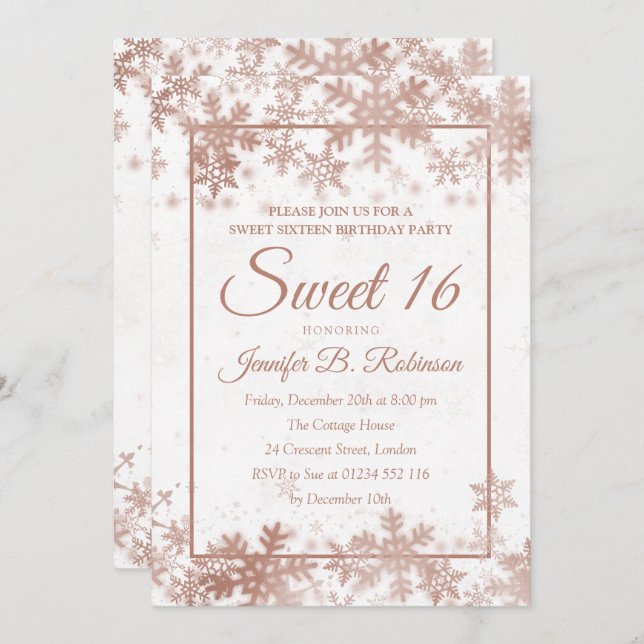 Sweet 16 Birthday Rose Gold White Foil Snowflakes Invitation (Front/Back)