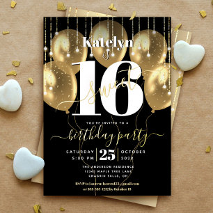 Sweet 16 Birthday Script Balloons Black Real Gold