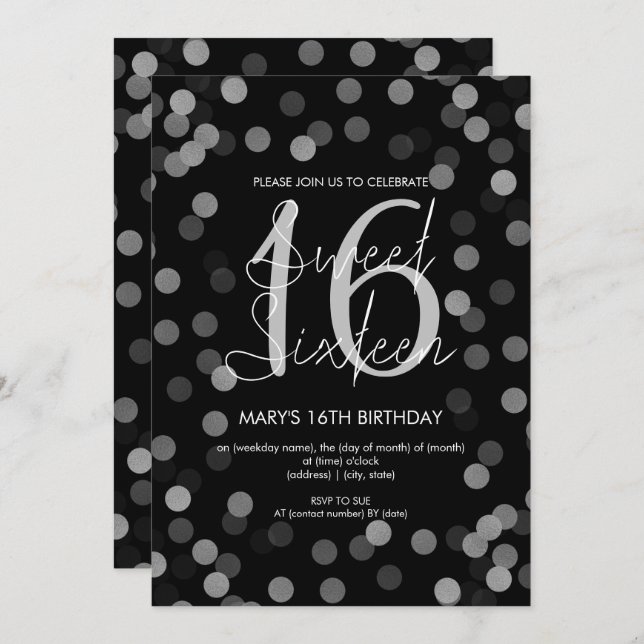 Sweet 16 Birthday Silver Glam Glitter Black  Invitation (Front/Back)
