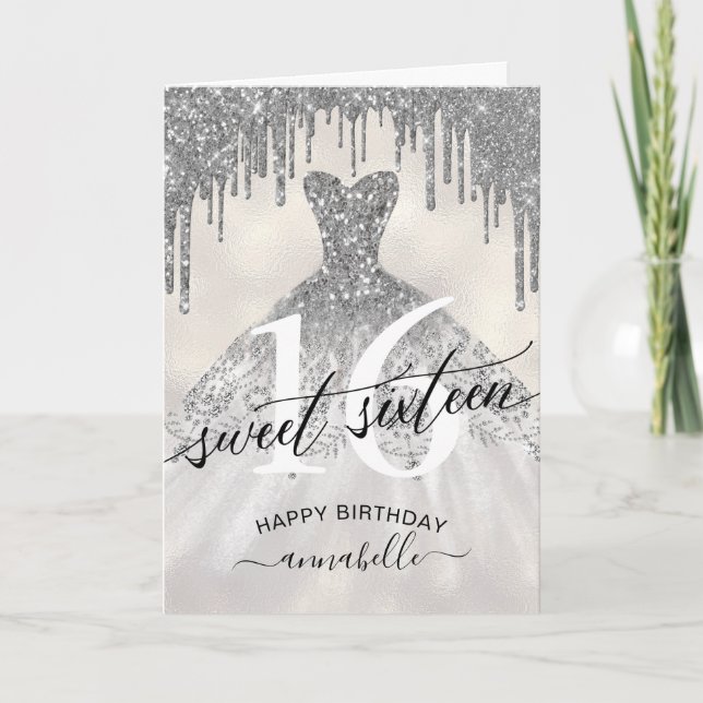Sweet 16 Birthday Silver Glitter Drips Card (Front)