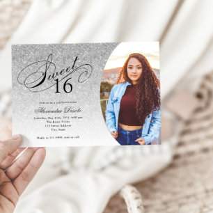 Sweet 16 Birthday Silver Glitter Glam Photo  Invitation