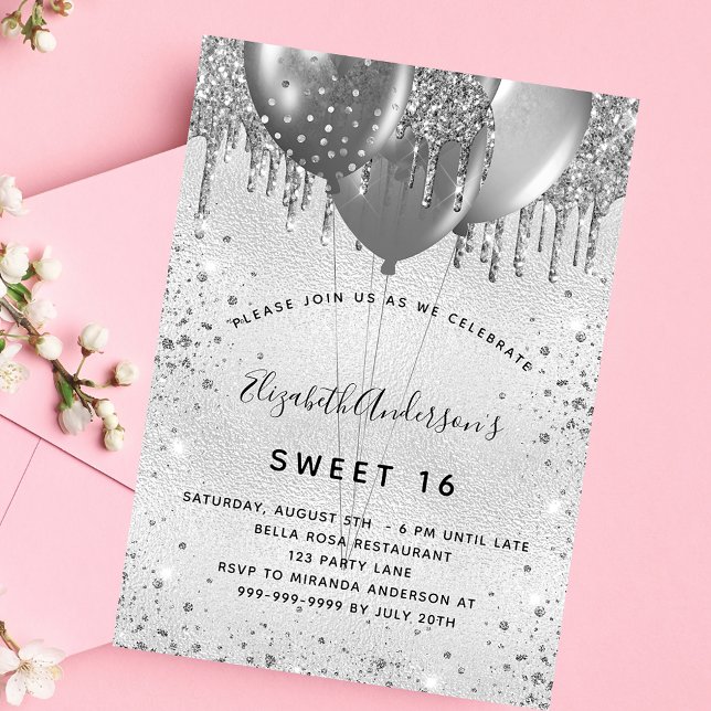 Sweet 16 birthday silver glitter invitation (Creator Uploaded)