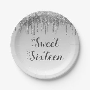Sweet 16 Birthday Silver Glitter Sparkle Paper Plate
