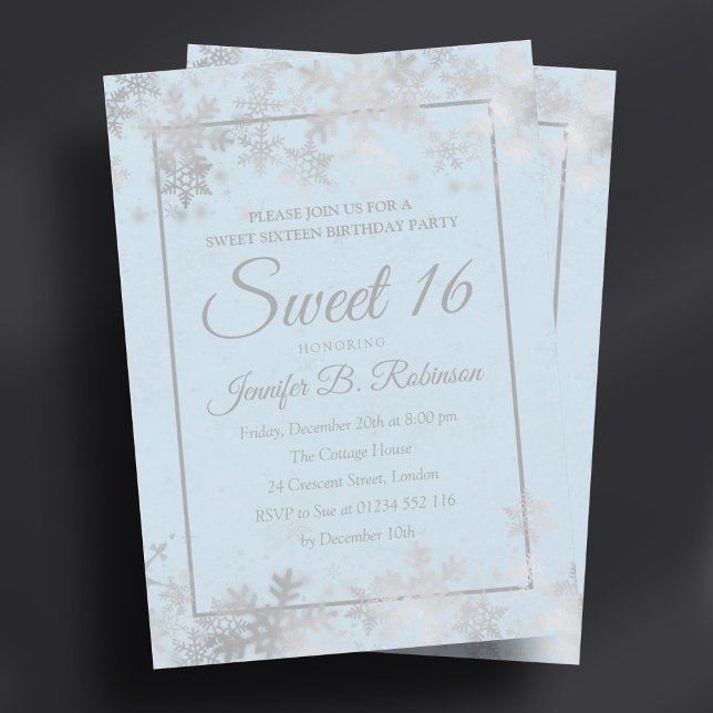 Sweet 16 Birthday Silver Ice Blue Foil Snowflakes Invitation (Sweet 16 Birthday Silver Ice Blue Foil Snowflakes Invitation)
