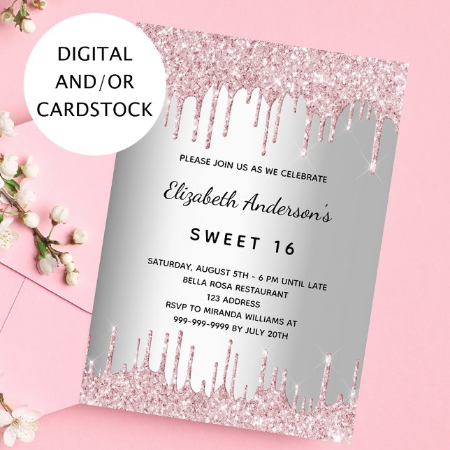 Sweet 16 birthday silver pink glitter drips invitation (Creator Uploaded)