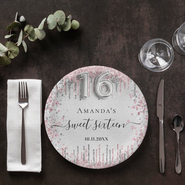 Sweet 16 birthday silver pink metal glitter script paper plate (Creator Uploaded)